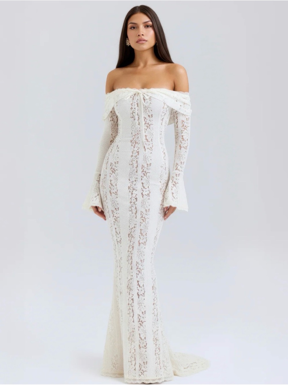 SHEIN White Off-Shoulder Lace Maxi Gown